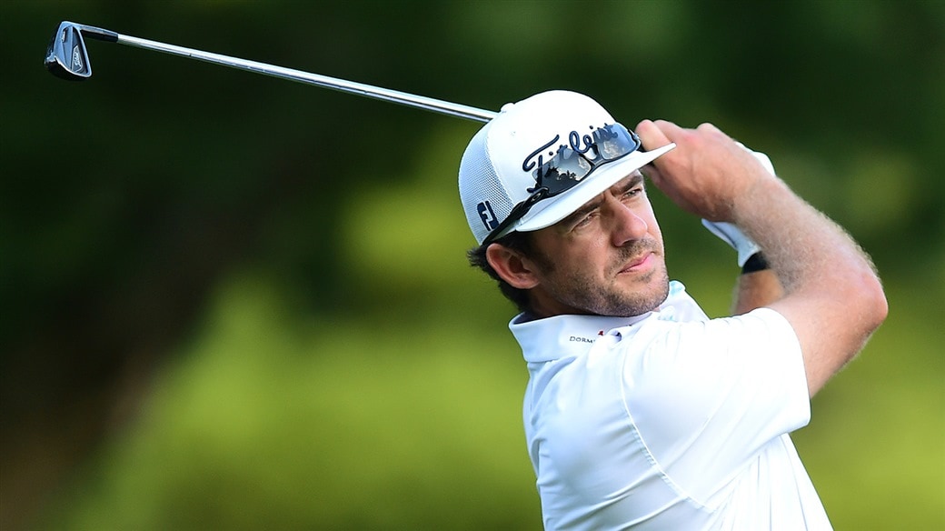 Lanto Grifin plays an approach shot with his Titleist T100 8-iron during action at the 2019 Houston Open